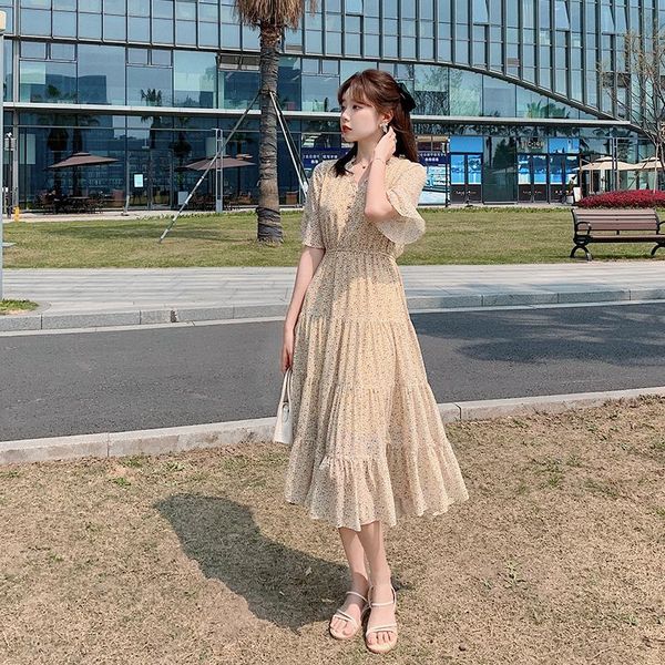 

casual dresses summer dress sukienki damskie korean short sleeve chiffon floral women yellow vestito floreale donna eleganti vestido playero, Black;gray