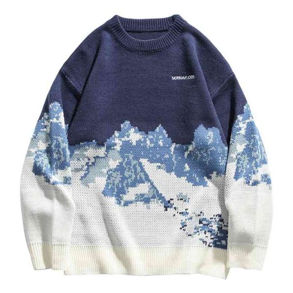 

autumn winter snow mountain letter print knitted sweater men long sleeve o neck blue black pullover oversized male sweaters 210812, White;black
