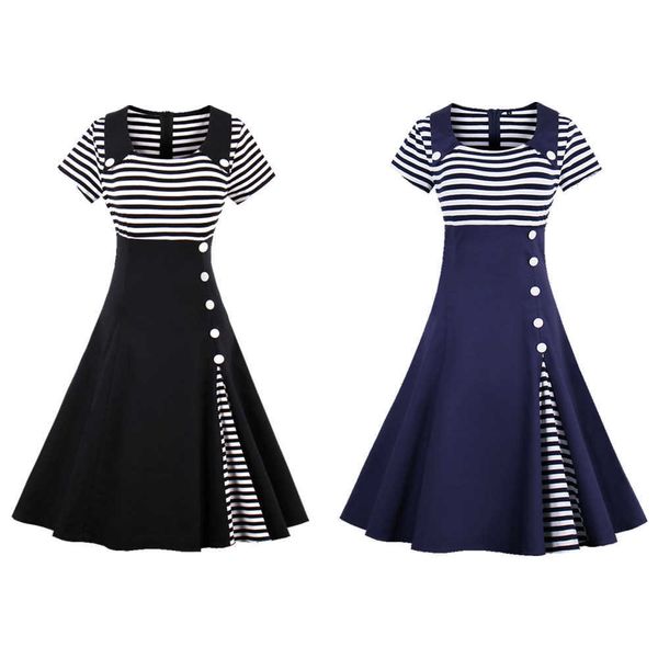 

women's striped dress big swing type basic work dresses, Black;gray