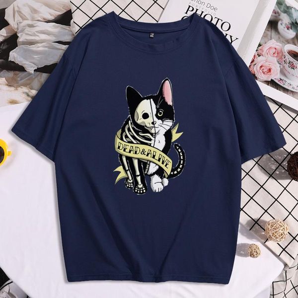 

women's t-shirt dead alive schrodinger cat printing crewneck soft clothing short sleeve tshirts spring summer, White