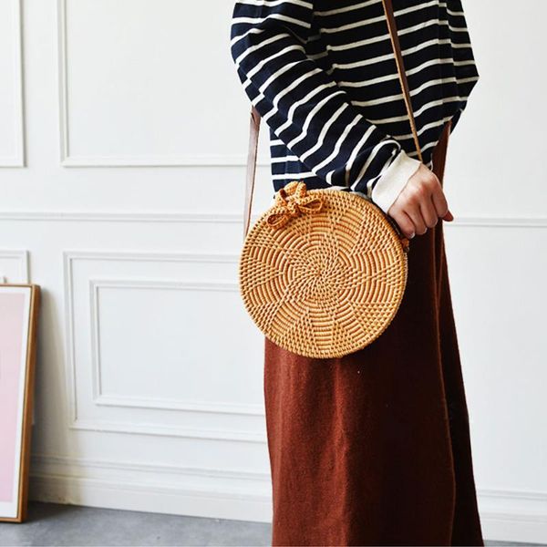 

storage baskets bohemian rattan woven handmade round small bowknot sunflower pattern beach bag retro circular straw fashionable organizer