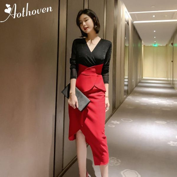 

casual dresses autumn office party bodycon women v neck contrast color patchwork elegant ruffles vintage bandage dress, Black;gray