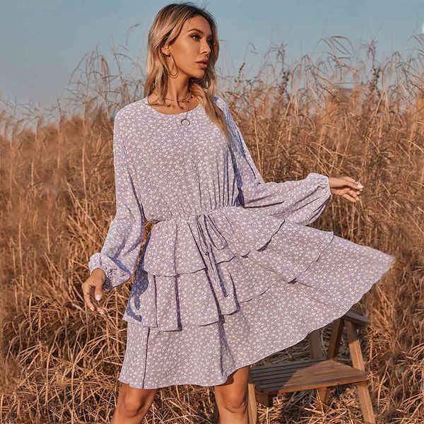 

flower print spring autumn dress long sleeve boho layered purple floral dress plus size loose casual dress vestidos 210415, Black;gray
