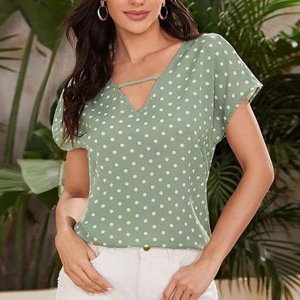 

women's blouses & shirts dot printed green and 2021 summer fashion womens short sleeve striped v-neck flowy beach casual blouse, White
