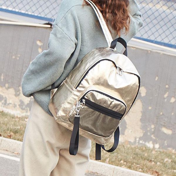 

women backpacks pu leather lapbackpack men travel bag big capacity school female daypack mochila gold