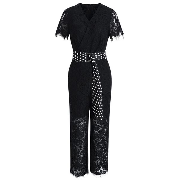 Preto Branco Branco Manga Curta V Neck Lace Jumpsuits Largura Lugar Ankle-Comprimento Calças de Verão Sash Bolso Escritório Senhora J0081 210514