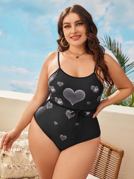 

plus heart print belted one piece swimsuit r2nz#, Black