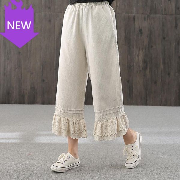 

japanese loose wide leg pants women literature art forest simple cotton linen lace lacing women's & capris, Black;white