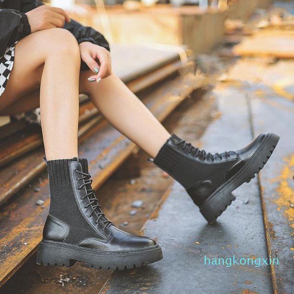 

boots 2021 women pu leather splicing knitted round toe ankle platform motorcycle footwear ladies high-shoes booties, Black
