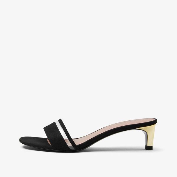 

sandals small spring and summer women's shoes metal heel decoration splicing elegant middle cat, Black