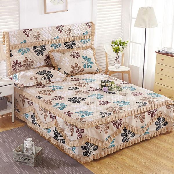 

bedding sets quilted sheet&pillowcase set 3pcs/set 100% cotton thicken bed skirt+2 pillowcase padded cover home ruffles dust