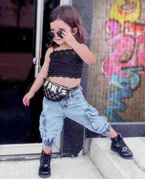 

clothing sets 2021 summer fashion girls sling stitching solid color lace tooling denim trousers suit, White