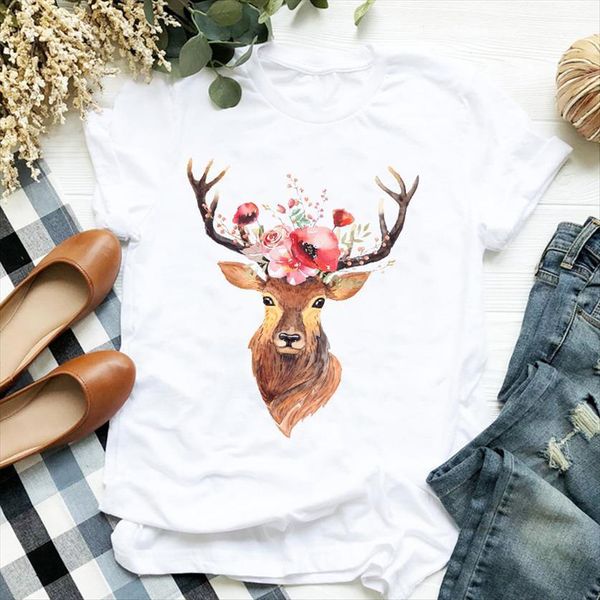 

flower deer print short sleeve women t shirt o neck loose ladies causal tee, White