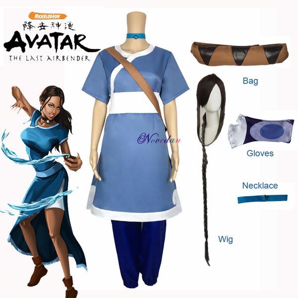 

anime costumes katara cosplay costume anime avatar the last airbender cosplay costume full set necklace+bag+wig, Black