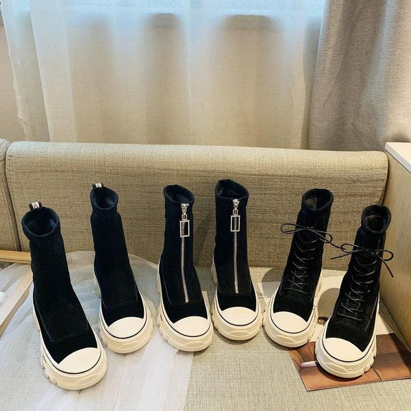 

boots autumn woman shoes fashion strch fabric thick zapatos de mujer 2021 motorcycle womens platform heels, Black