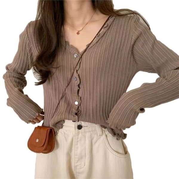 Mulheres Verão Manga Longa Solcreen Cardigan Ribbed Knit Ruffles Sweater Crop Top Button Down Color Sólido V-Neck Outwear 210806