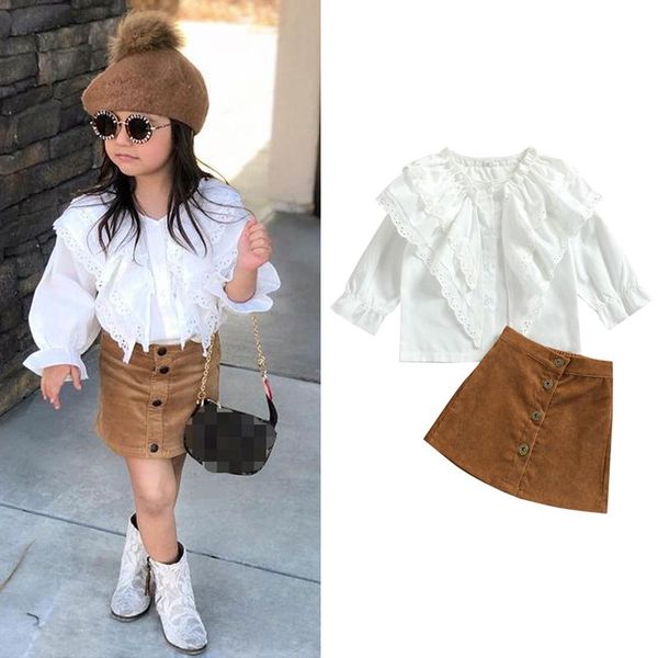 

clothing sets citgeeautumn kids girls casual clothes set solid color button-down pullover and short skirt, White