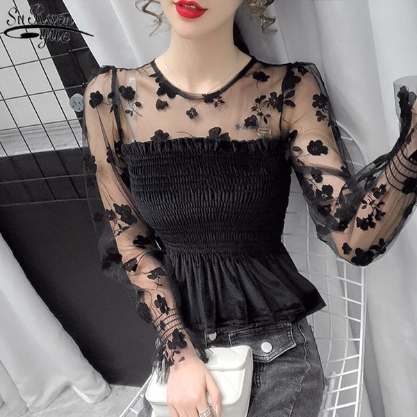 Spring Spruff Sleeve Preto Malha Curta Tops Sexy Lace Bilhete De Fundo Mulheres Veludo Cintura Skinny Camisas Moda Blusas 12771 210427