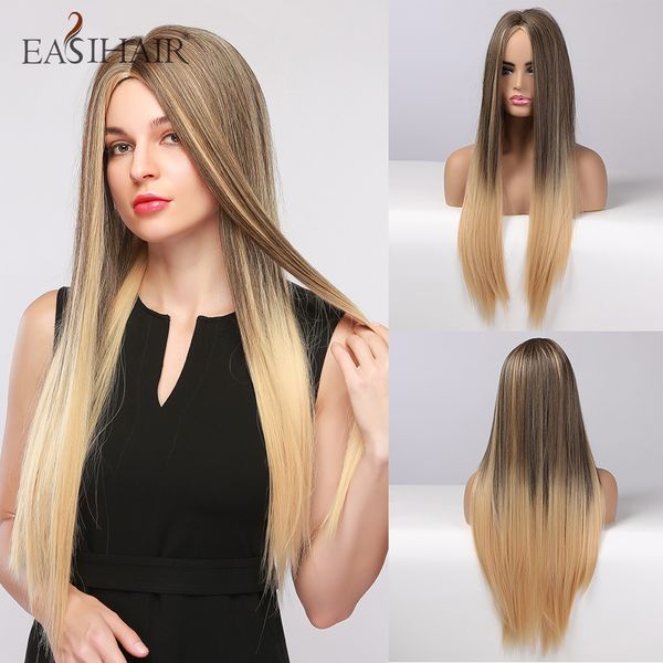 

long straight wigs blonde ombre natural hair wig heat resistant synthetic wigs for women cosplay wigs, Black