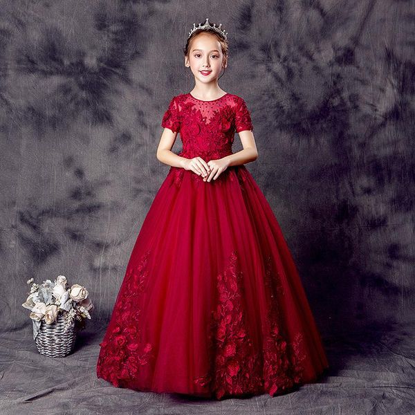 

girls red appliques wedding gown long tulle flower girl dress formal clothes princess evening party baby dresses ethnic clothing