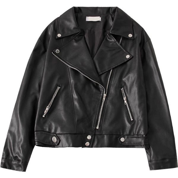

women's jackets women faux leather bomber jacket wild pu motorcycle zipper turn down collar loose rivet coat long sleeve streetwear, Black;brown