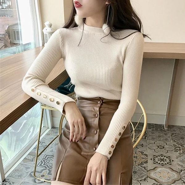 

women's sweaters jmprs women pullover sweater long sleeve knitted half turtleneck fashion button basic winter elastic slim female jump, White;black