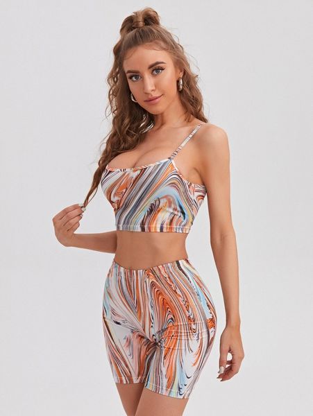 

marble print crop cami & biker shorts set w7ka#, White