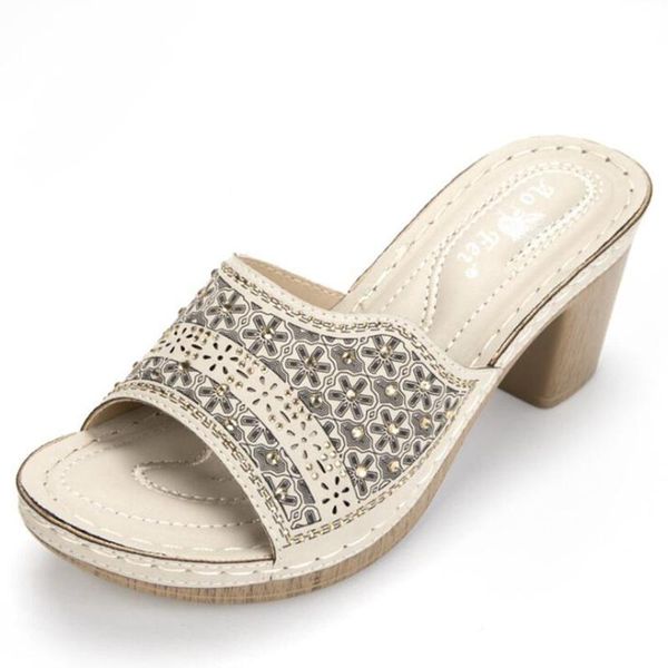 

slippers national style rhinestone summer women open toe high heels shoes sandal female casual comfortable beach flip flops q255, Black