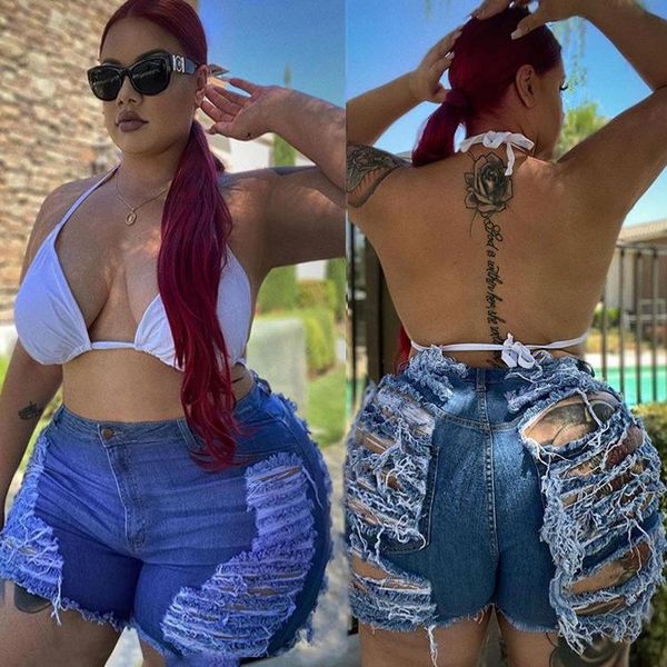 

fashion women plus size ripped short jeans nightclub wear lady's high waist tassels hollow out skinny denim mini shorts women's, Blue