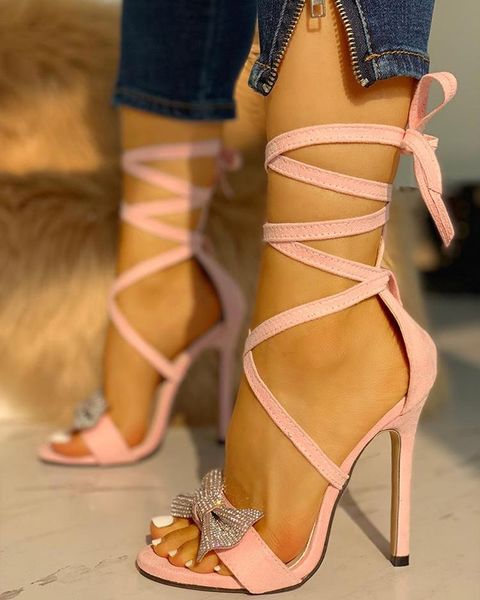 

summer women sandals fashion black blue pink wine ankle strap crystal lace-up peep toe high heels shoes woman sandalia mujer