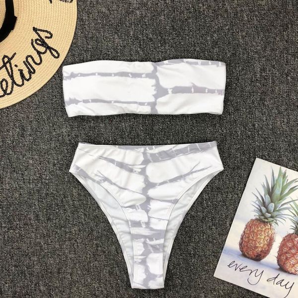 

one-piece suits 2021 summer strapless white & grey patch work push up bikini set high waist swimsuit female swimwear women bathing