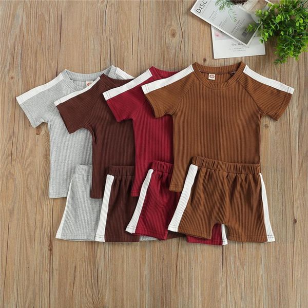 

1 6yrs fashion summer kids baby girls boys outfits suit knitted patchwork t shirts shorts toddler solid casual 2pcs, White