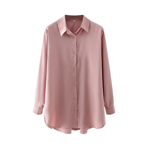 

elegant women solid pink satin shirts fashion ladies button loose causal female chic turn down collar blouse 210527, White