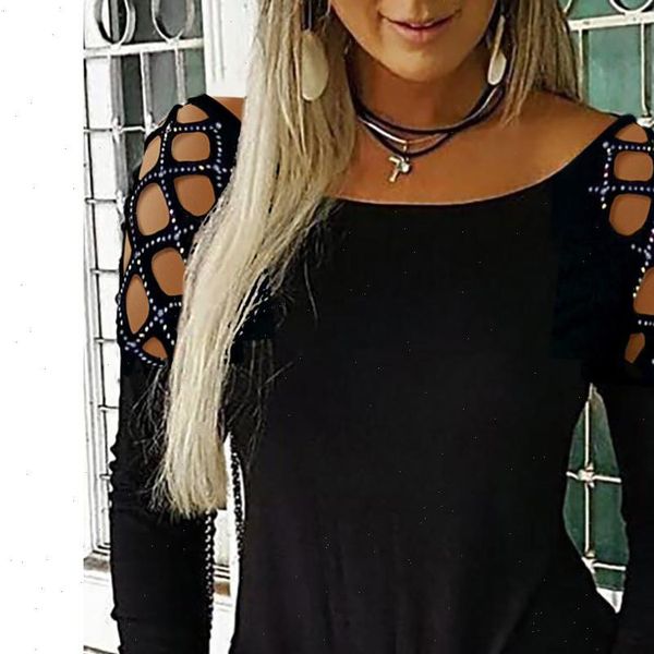 

women shirts long sleeve blouse fashion crew neck hollow out studded casual plus size tee, White