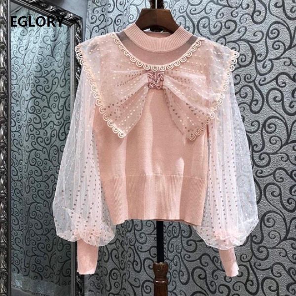 Frauenpullover Eleganter Bogen 2021 Frühling Herbst Tops Frauen Sexy Tüll Mesh Patchwork Langarm Casual Weiß Schwarz Rosa Jumper Damen