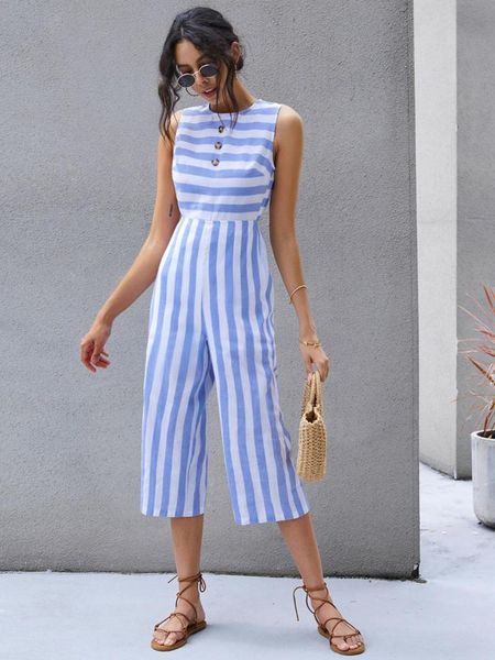

women's jumpsuits & rompers 2021 summer explosive fashion casual stripe sleeveless single-breasted jumpsuit nine-point pants, Black;white