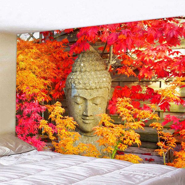 Rote und gelbe Blätter Buddha-Statue Polyester Wandbehang Tapisserie Mandala Böhmen 5 Größen Reiseschlafunterlage Polyesterstoff 210609