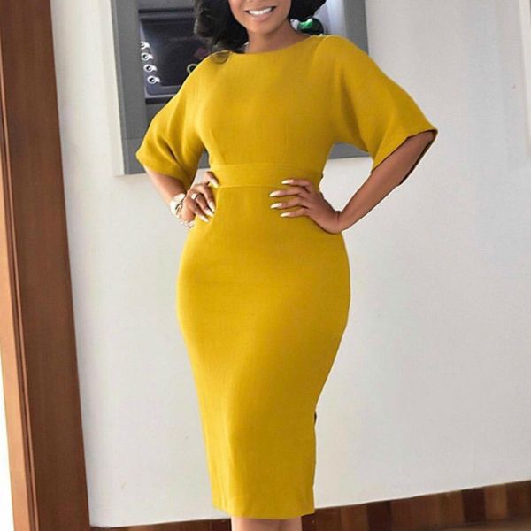 Mulheres amarelas vestidos bodycon magro elegante escritório senhoras trabalho desgaste mangas curtas o pescoço apertado elástico grande tamanho africano moda 210416
