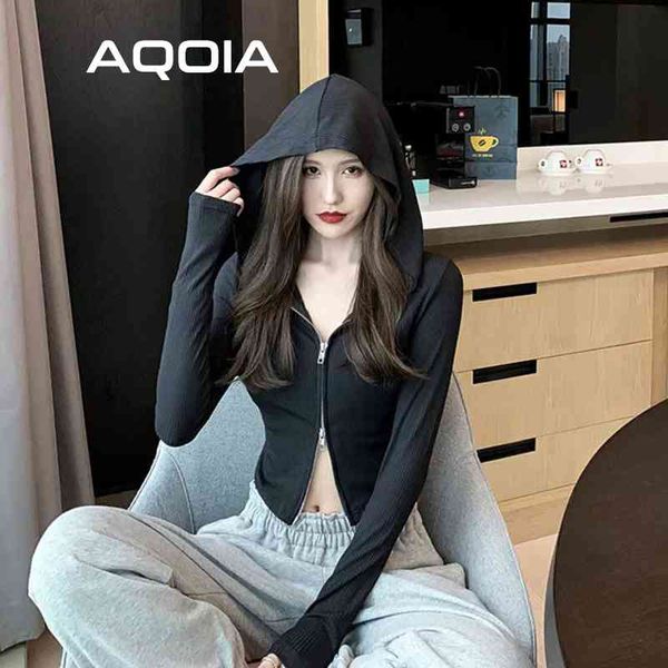 Estilo Gótico Zipper Mulheres Suéteres Coréia Slim Black Knit Mulher Com Capuz Camisola Inverno Fashion Cardigans Roupas 210521