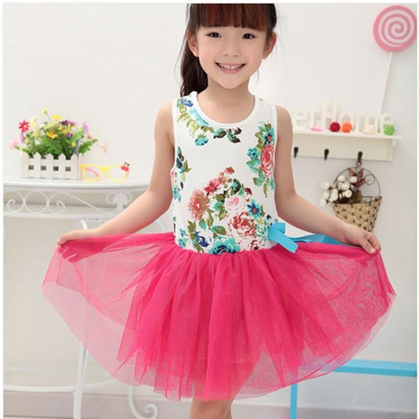 

summer girls floral dress flower with tulle fashion kids clothes girl's dresses, Red;yellow