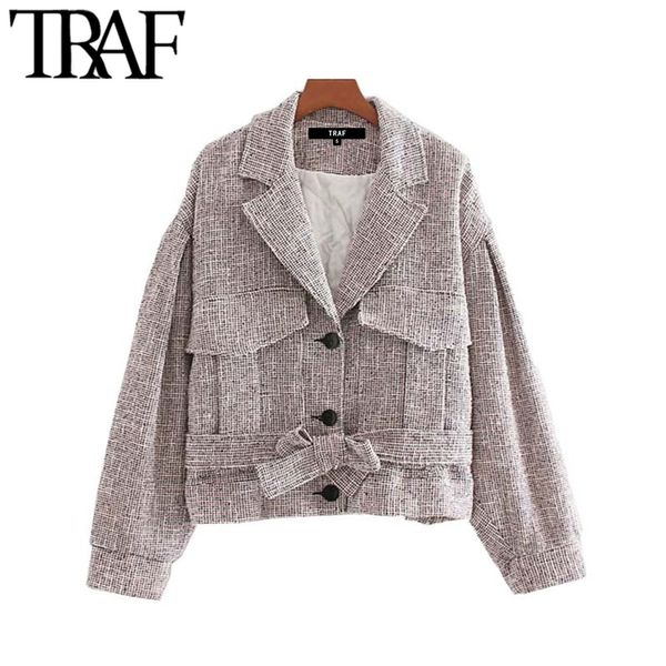 TRAF mulheres vintage elegante houndstooth bolsos de tweed casaco casaco de manga longa gravata borboleta feminina outerwear chique tops 210415