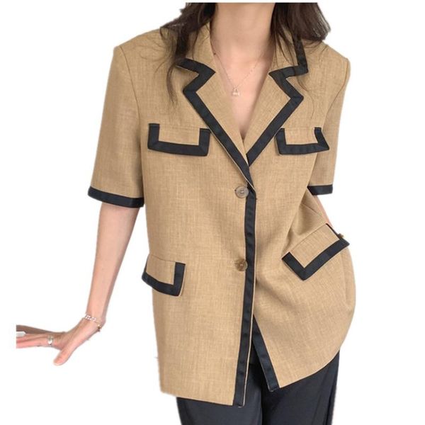 

summer french vintage loose casual hit color blazer women single-breasted short-sleeved small suit women's wool & blends, Black