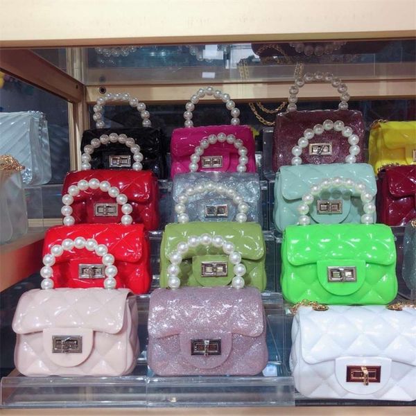 

2021 pvc mini jelly bag diamond chain bag pearl hand children's satchel