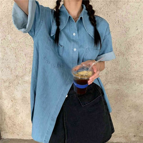 Pamuk Katı Renk Denim Kore Gevşek Kot Kadın Gömlek Yarım Kollu Camisas Mujer Blusas Gömlek Tops Bluz 1601F 210420