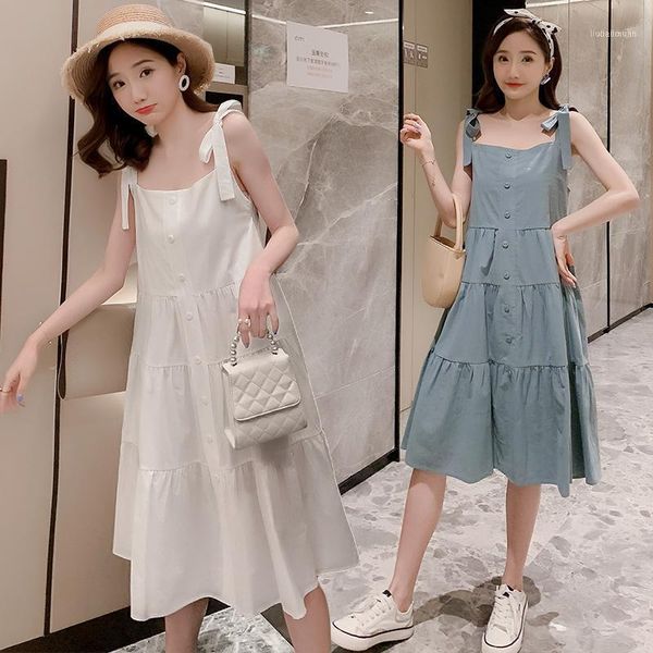 

805# maternity clothes summer easy matching suspender solid color dress1, White