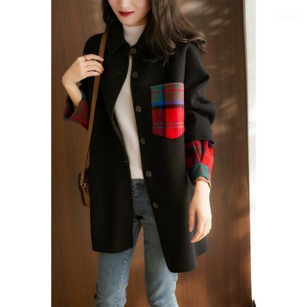 

women's wool & blends long sleeve suit collar color contrast stitching two imitation coat 2021 spring versatile, Black
