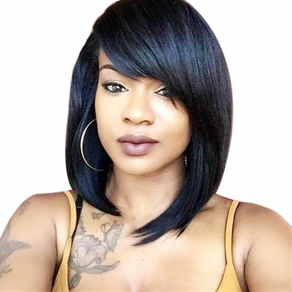 

short bob full machine lace wig 100% brazilian remy human hair classic cap wigs with bangs, Black;brown