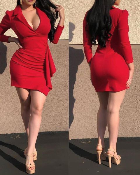 

spring fall women elegant mini bodycon dress puff sleeve solid ruffle hem v-neck party robe skinny clothes vestido casual dresses, Black;gray