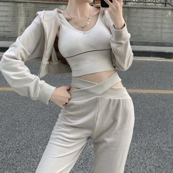 

women's two piece pants fashion sports suit 2021 autumn short sweater cross design sense casual two-piece, White