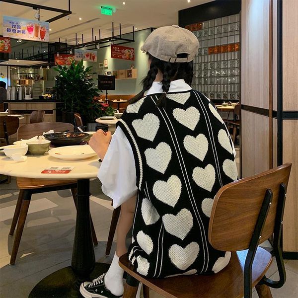 

women's vests korean vintage sweater loose v-neck knit pullover vest oversized tank love print sweaters fall fashion x35, Black;white